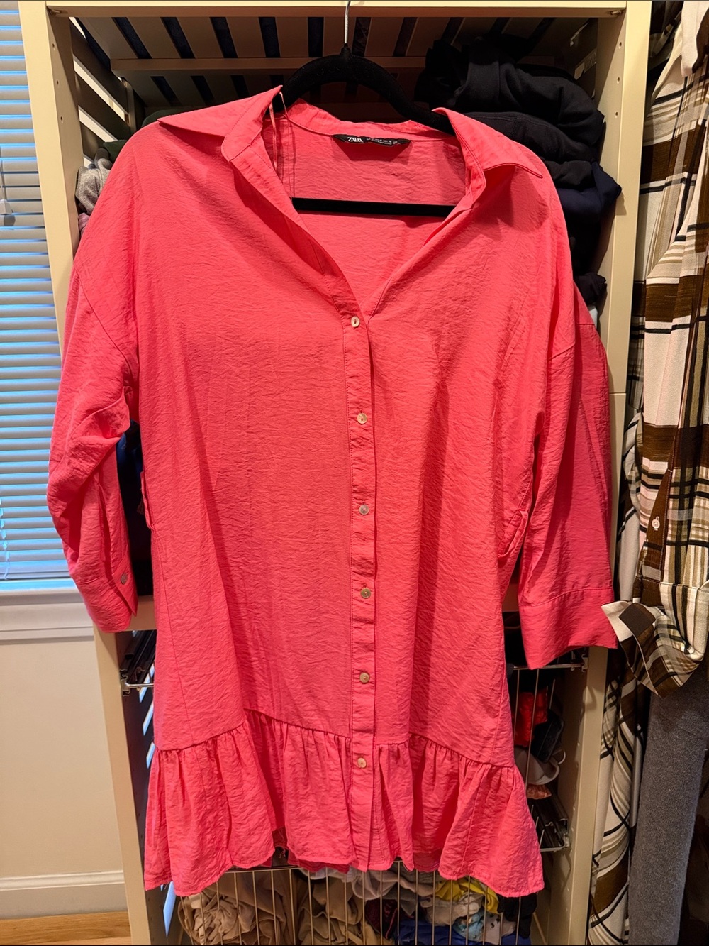 Zara Women’s Hot Pink Button-Down Ruffle Hem Dress
